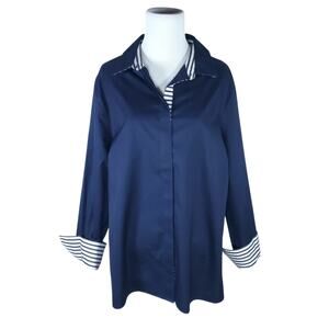 Chico's Sz 3 No Iron Blue Button Down Top Cotton White Stripe Trim Chicos XL 16